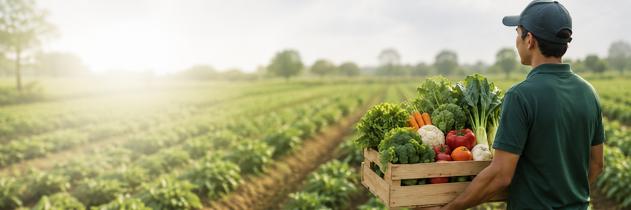 FreshHarvest staff carrying fresh produce from a farm