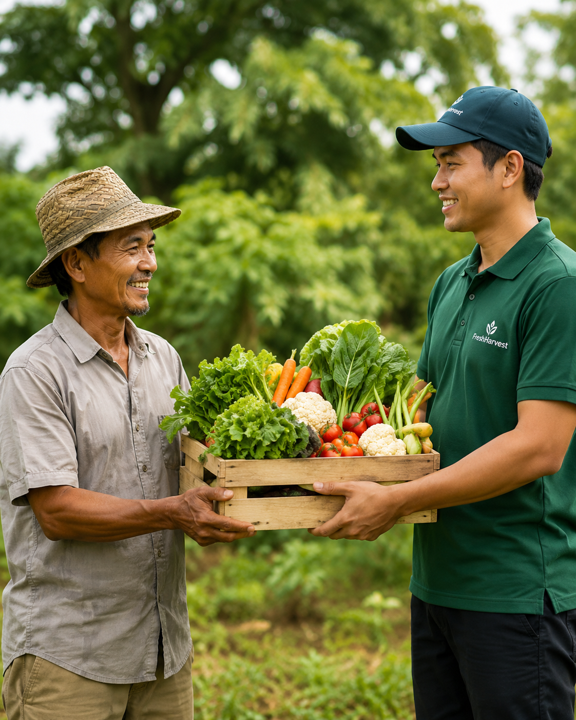 FreshHarvest team member receiving produce from a local farmer